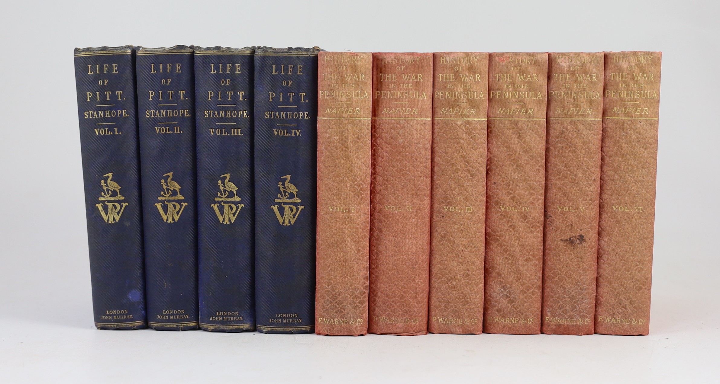 Stanhope, Philip Henry, 5th Earl Stanhope - Life of the Right Honourable William Pitt, 3rd edition, 4 vols, 8vo, cloth, John Murray, London, 1867 and Napier, W.F.P, Sir - History of the War in the Peninsula, 6 vols, 8vo,